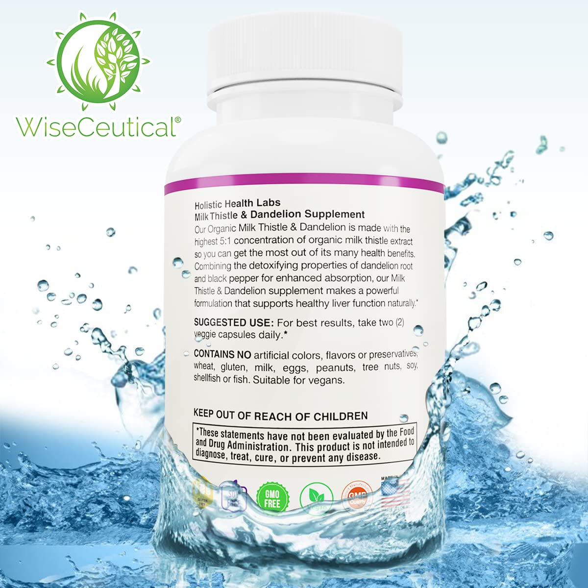 Wiseceutical bottle close-up with cap for easy dispensing