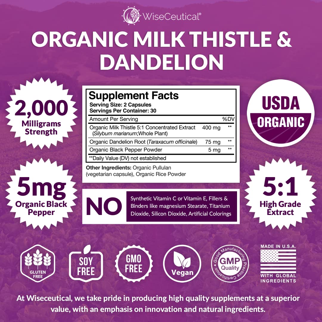 Wiseceutical dandelion root capsules highlighting organic ingredients for gentle digestion