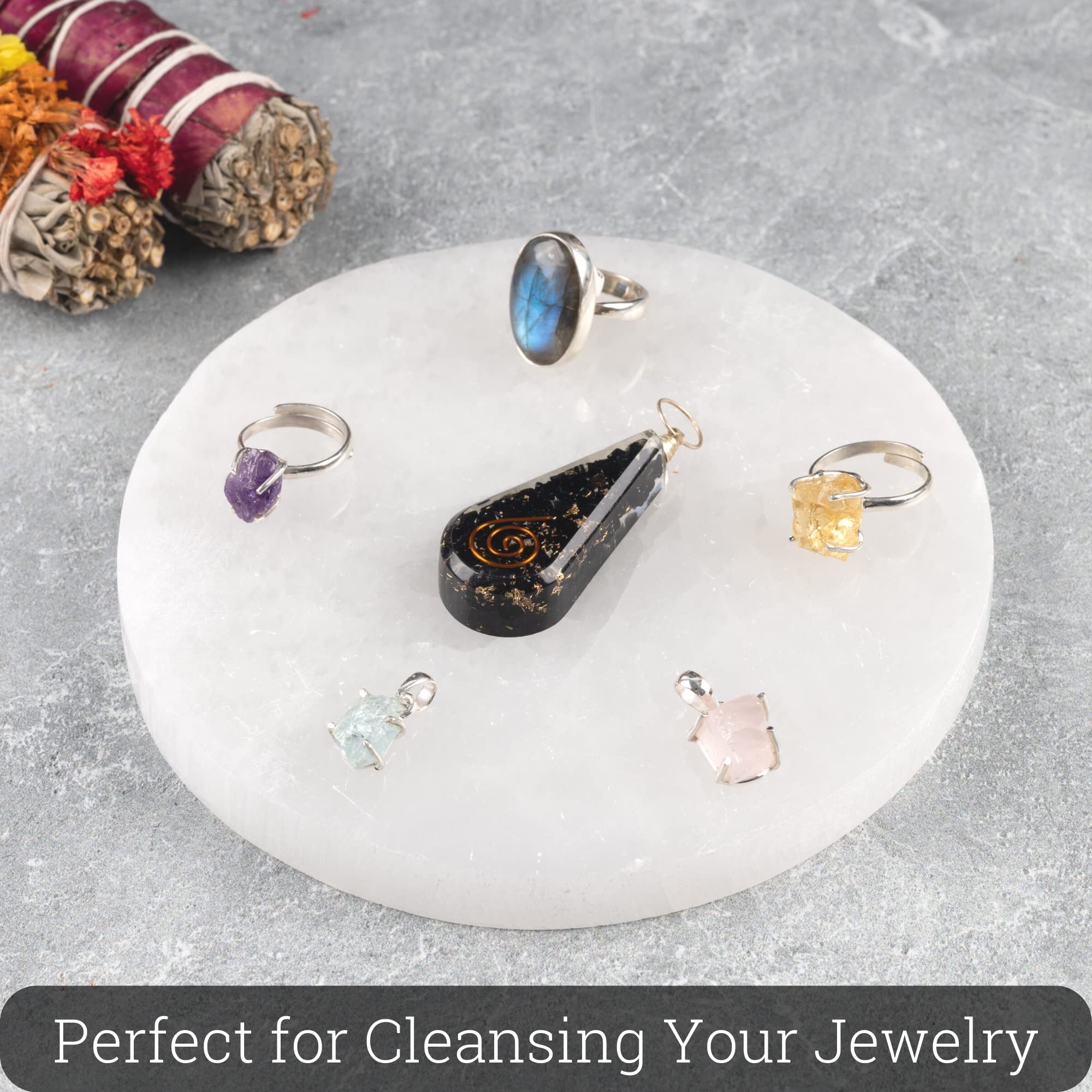 Wish Well selenite plate home decor adds calming ambience while protecting crystals.