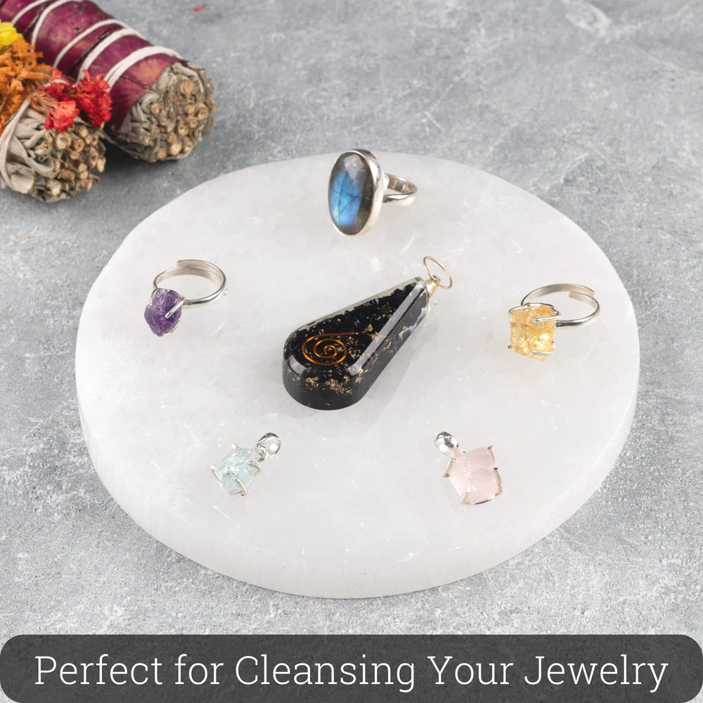 Wish Well selenite plate home decor adds calming ambience while protecting crystals.