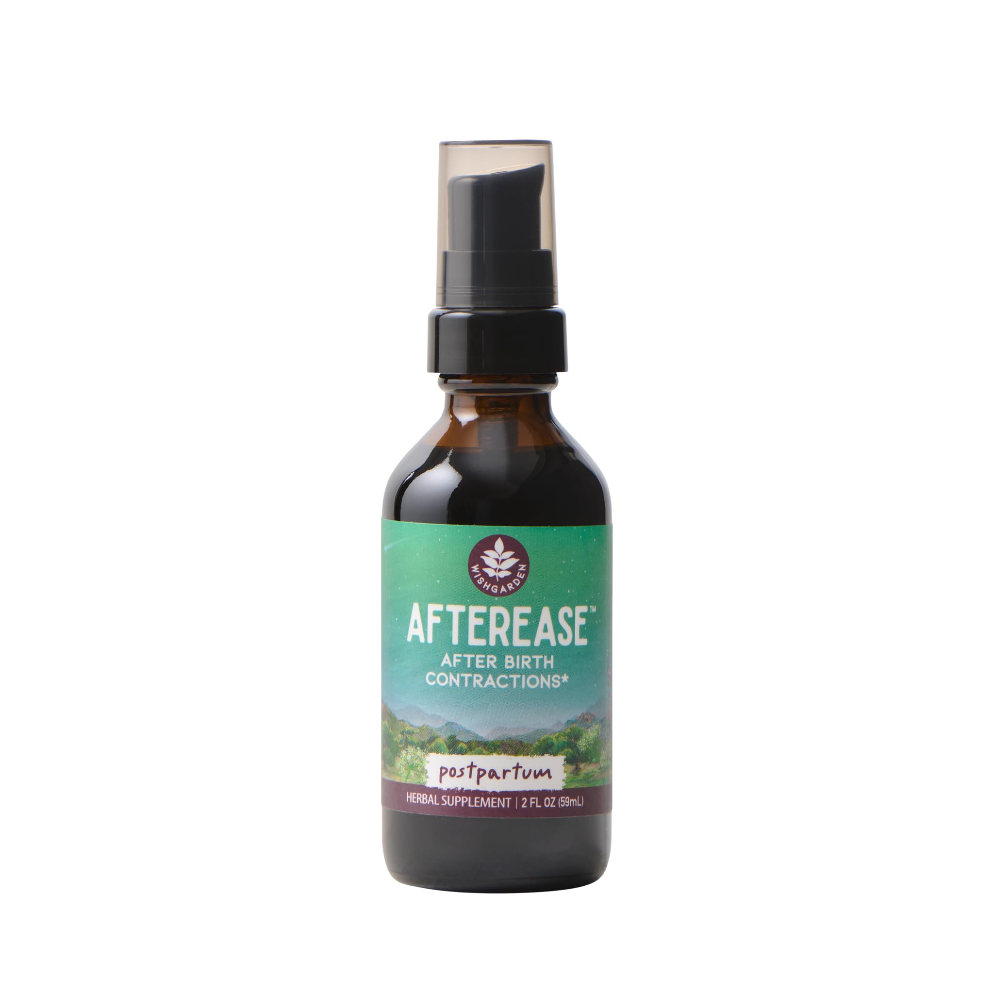 WishGarden AfterEase bottle close-up showing natural postpartum support.