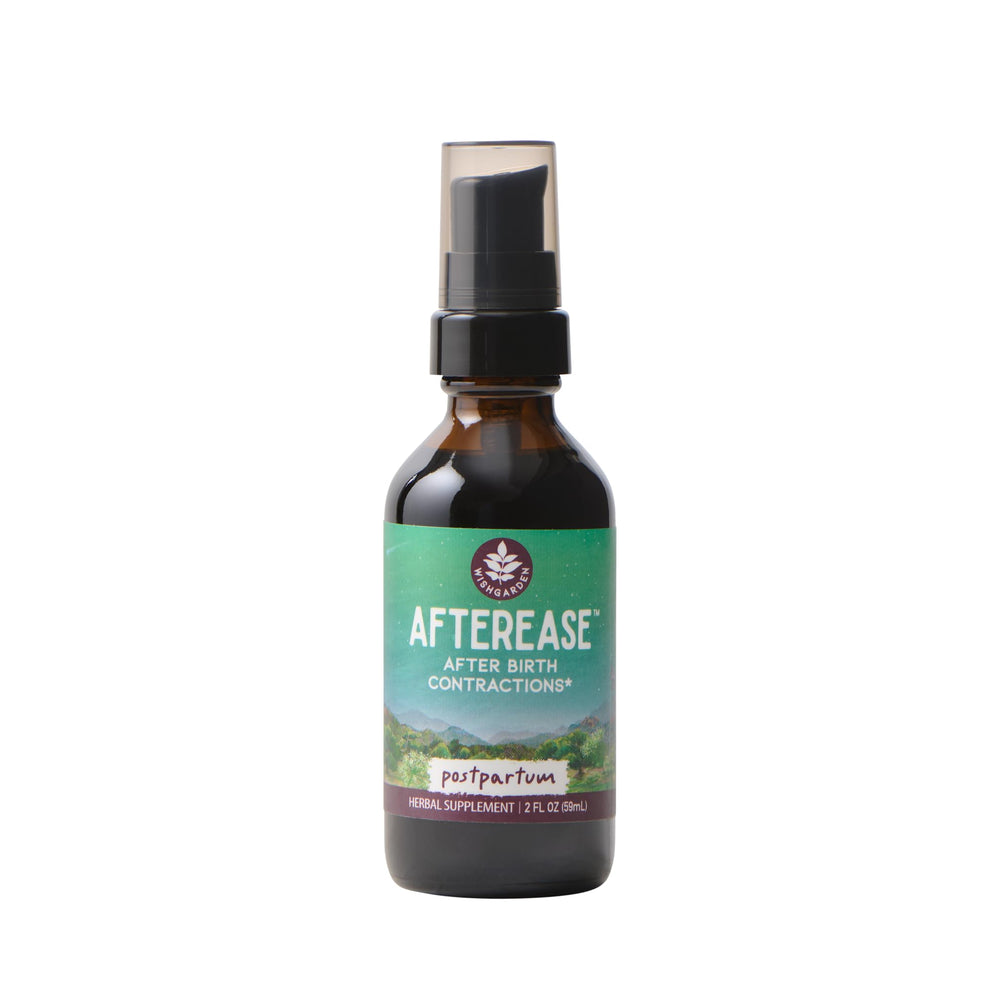 WishGarden AfterEase bottle close-up showing natural postpartum support.