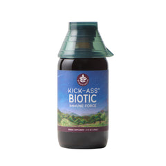 WishGarden Kick-Ass Biotic bottle being poured for quick immune support