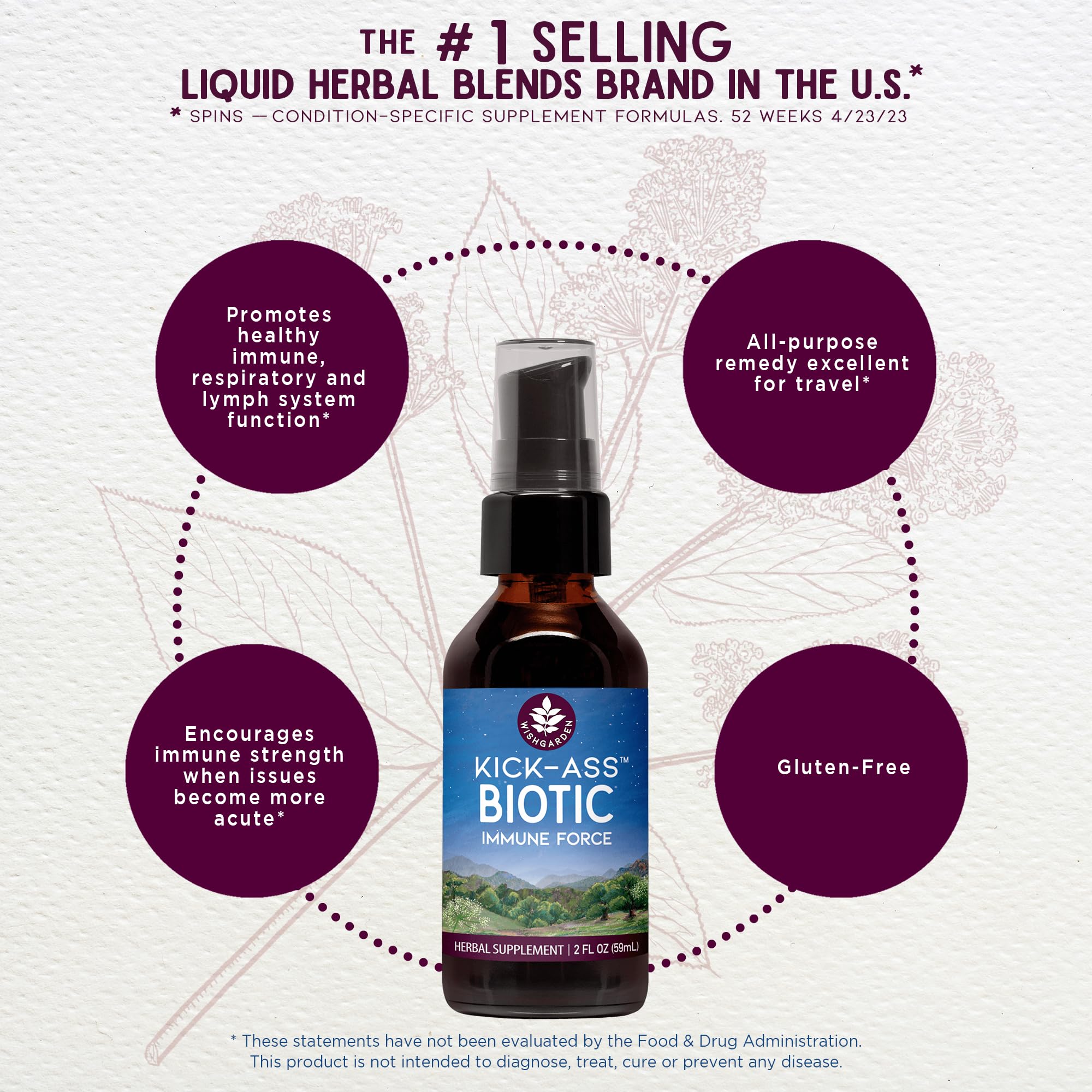 WishGarden Kick-Ass Biotic bottle with herbs display highlighting echinacea and usnea
