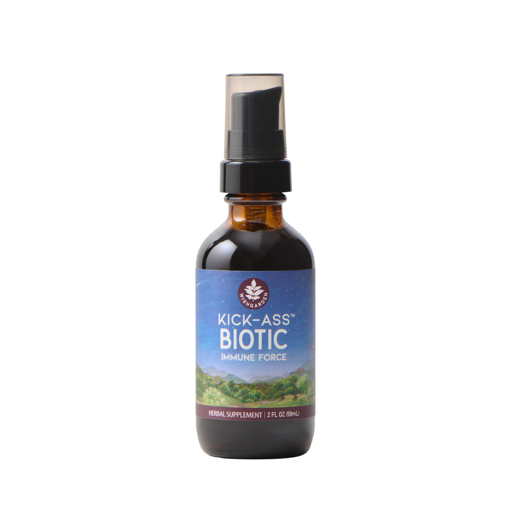 WishGarden Kick-Ass Biotic immune bottle — amber glass preserves potency for faster absorption.