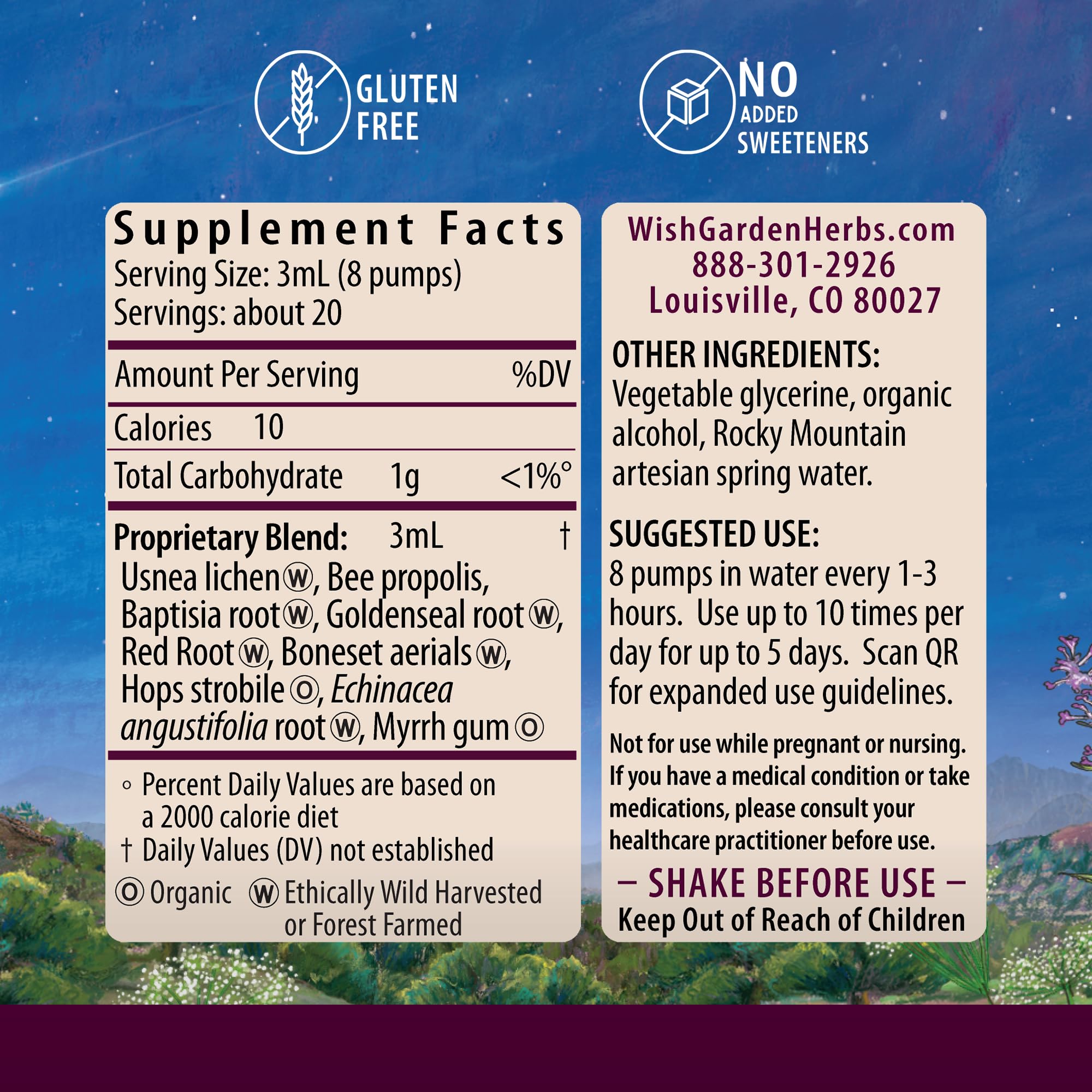 WishGarden Kick-Ass Biotic immune label closeup — shows organic, non-GMO botanicals for trusted ingredients.