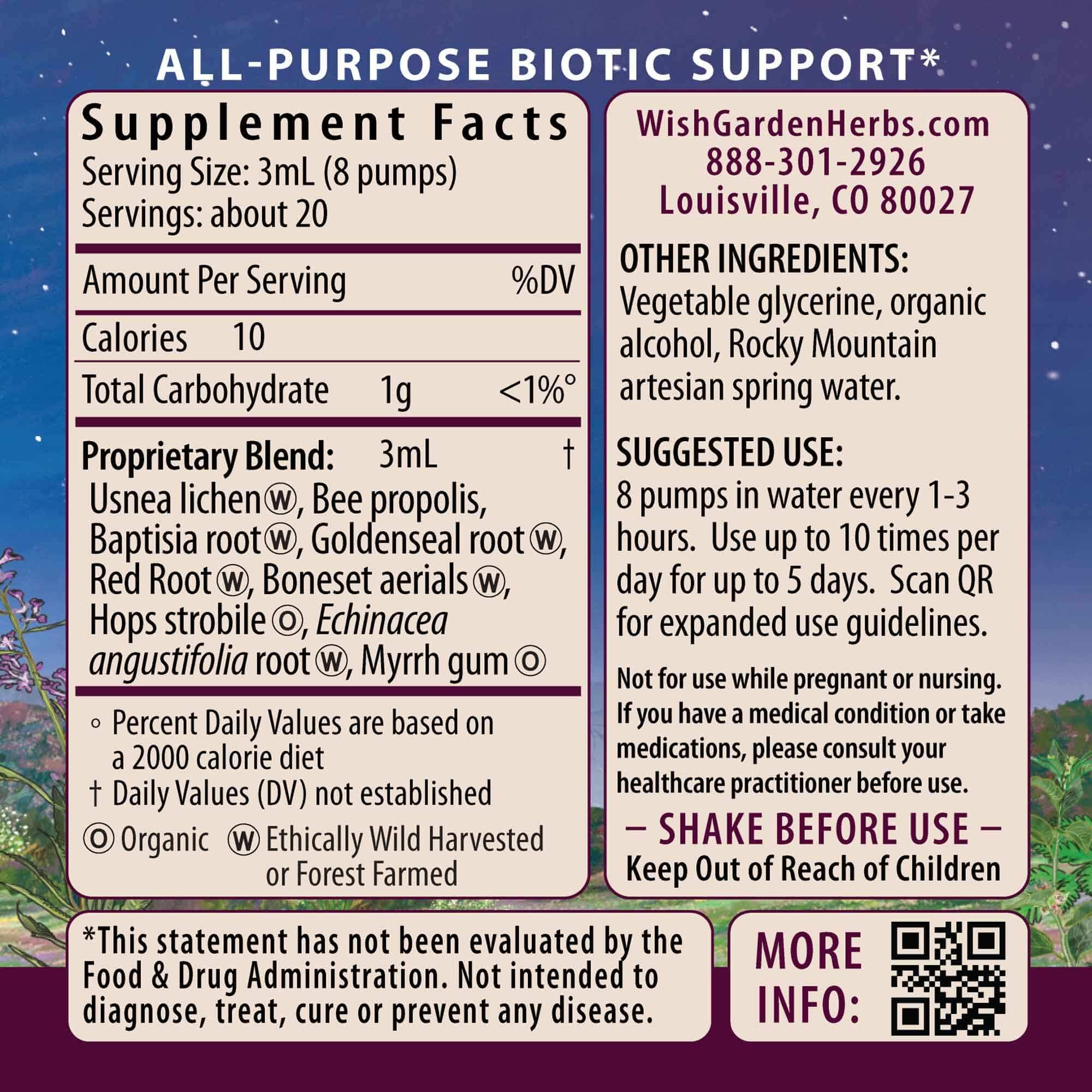 WishGarden Kick-Ass Biotic label close-up showing organic ingredients for immune support