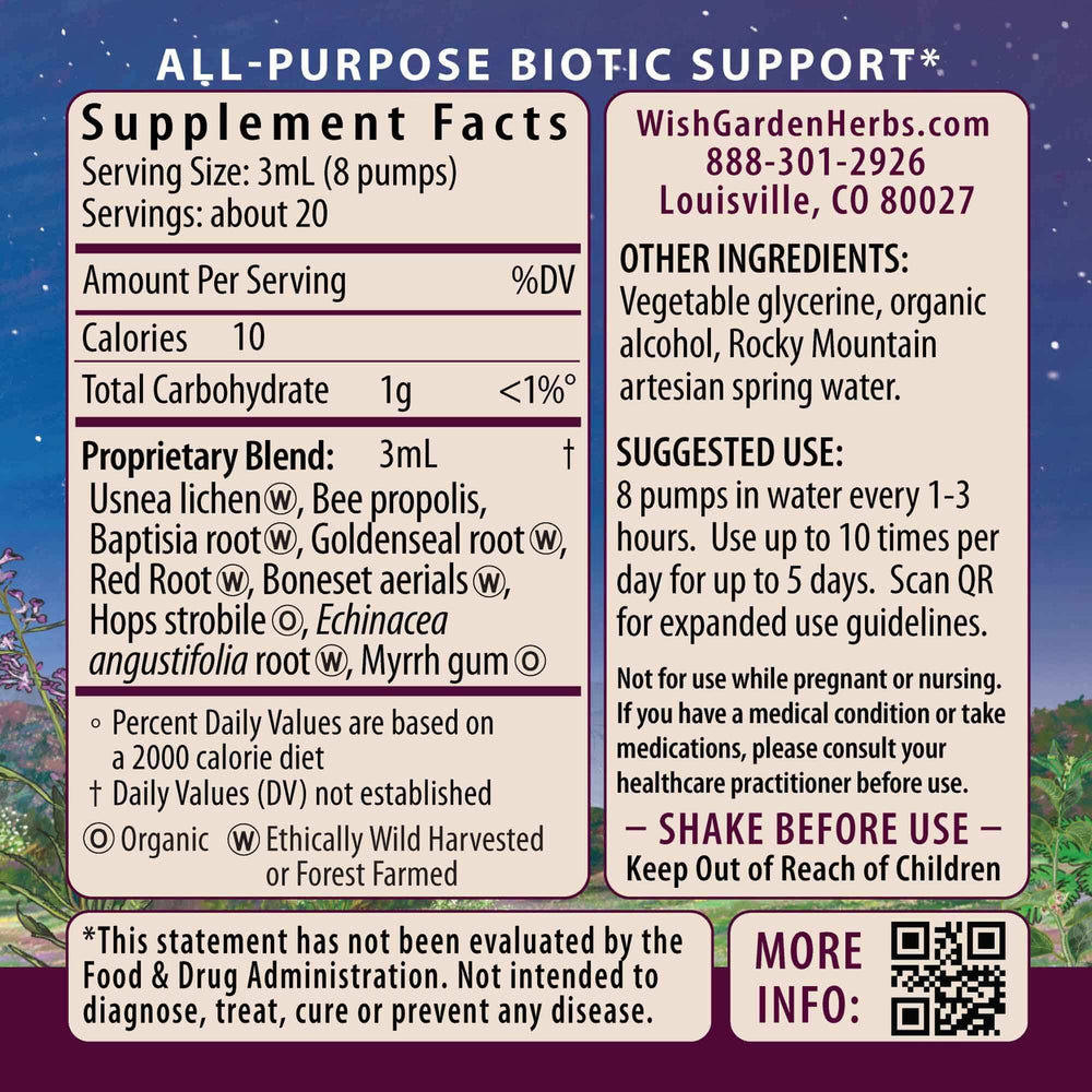 WishGarden Kick-Ass Biotic label close-up showing organic ingredients for immune support