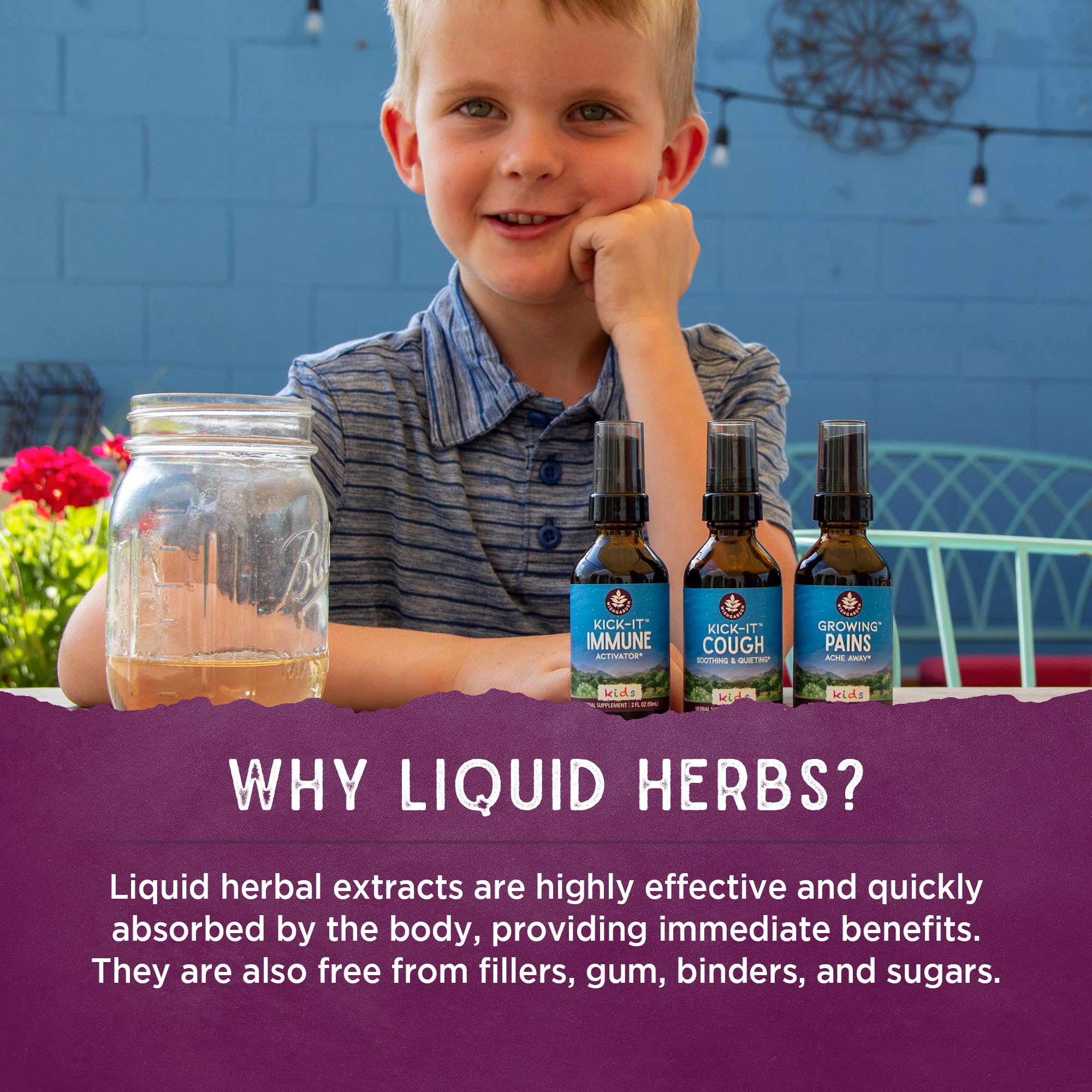 Sustainable packaging and product information for Kick-It Immune for Kids.