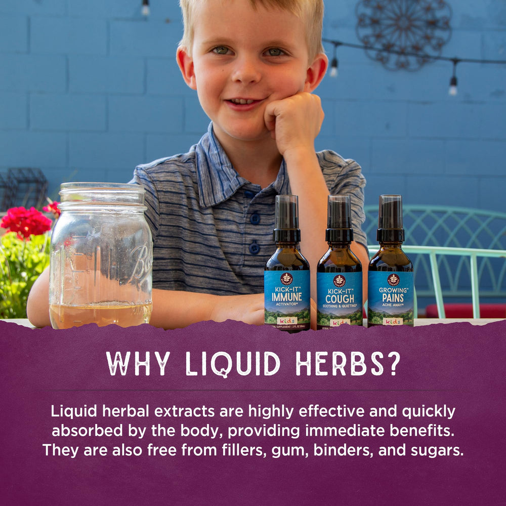 Sustainable packaging and product information for Kick-It Immune for Kids.