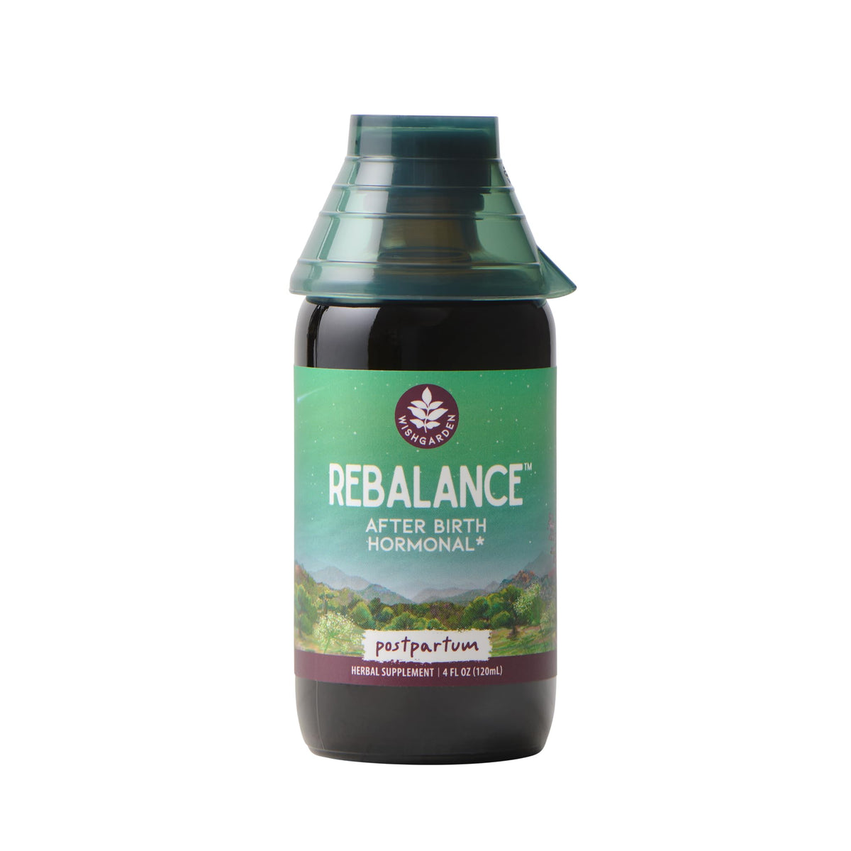 WishGarden ReBalance bottle close-up highlighting tincture for postpartum balance.