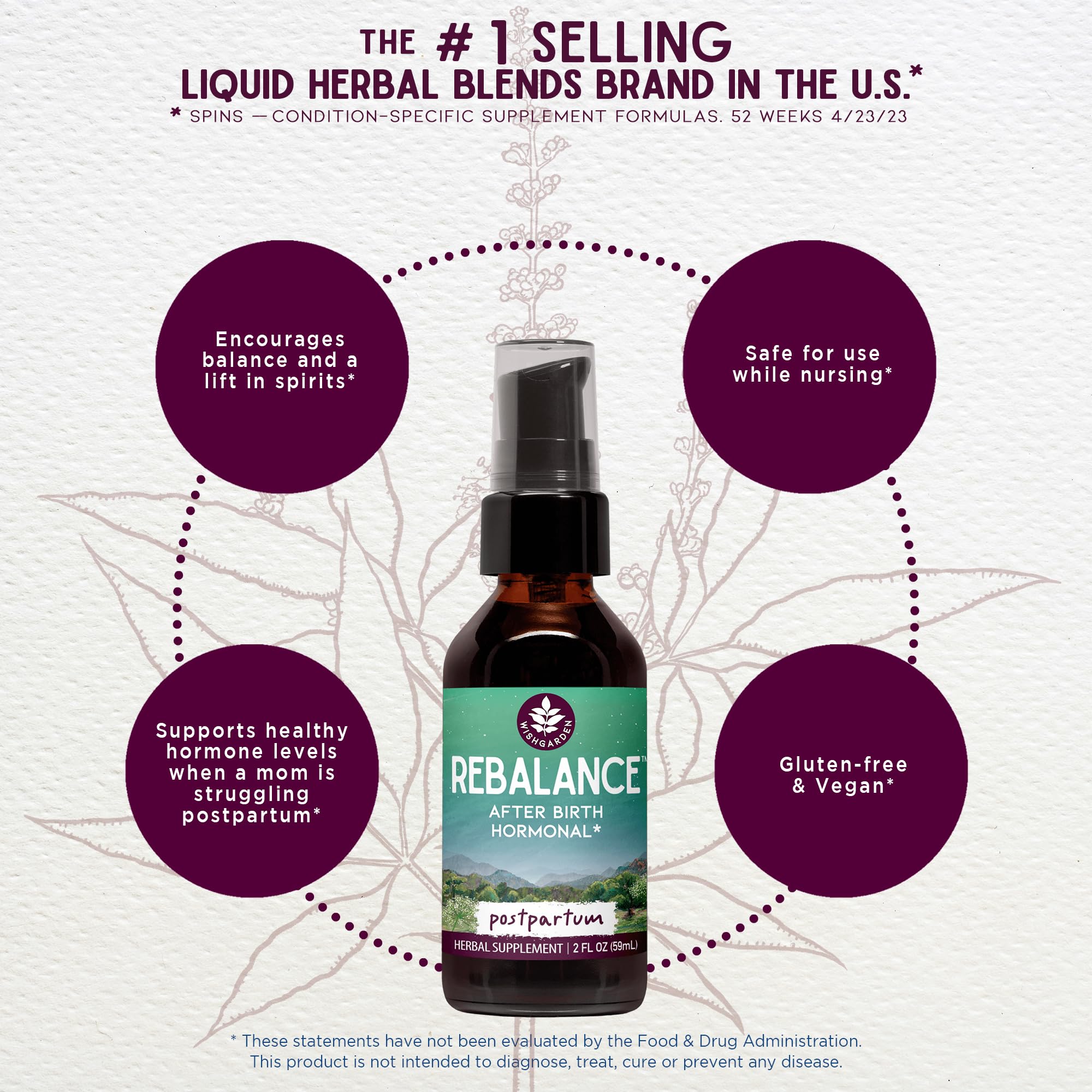 WishGarden ReBalance label detail showing organic herbs and vegan formula.