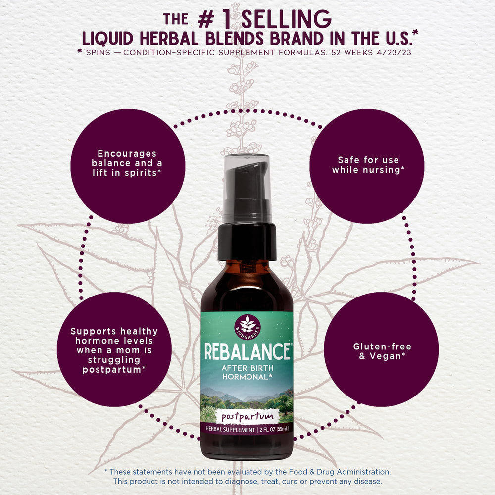 WishGarden ReBalance label detail showing organic herbs and vegan formula.