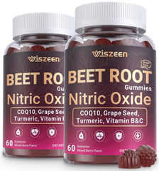 Wiszeen Beet Root Gummies bottle front shows a vegan, sugar-free supplement for daily circulation support.