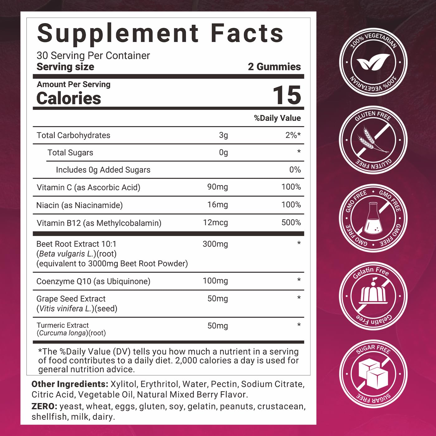 Wiszeen Beet Root Gummies closeup reveals vivid gummies for natural energy without caffeine.