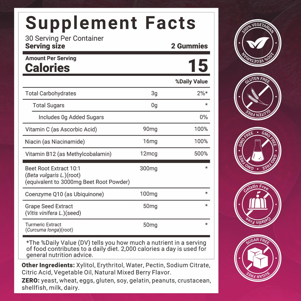 Wiszeen Beet Root Gummies closeup reveals vivid gummies for natural energy without caffeine.