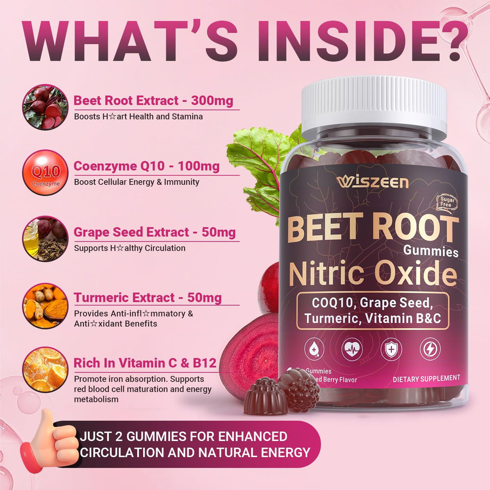Wiszeen Beet Root Gummies hand-held bottle emphasizes portable daily wellness on the go.