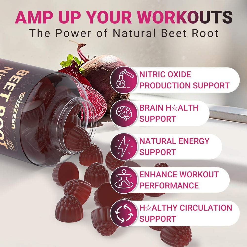 Wiszeen Beet Root Gummies ingredient panel spotlights coq10, vitamin C, and B12.