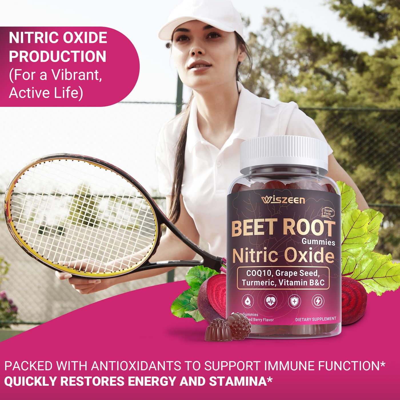 Wiszeen Beet Root Gummies vegan non-GMO label signals sugar-free, gelatin-free formula.
