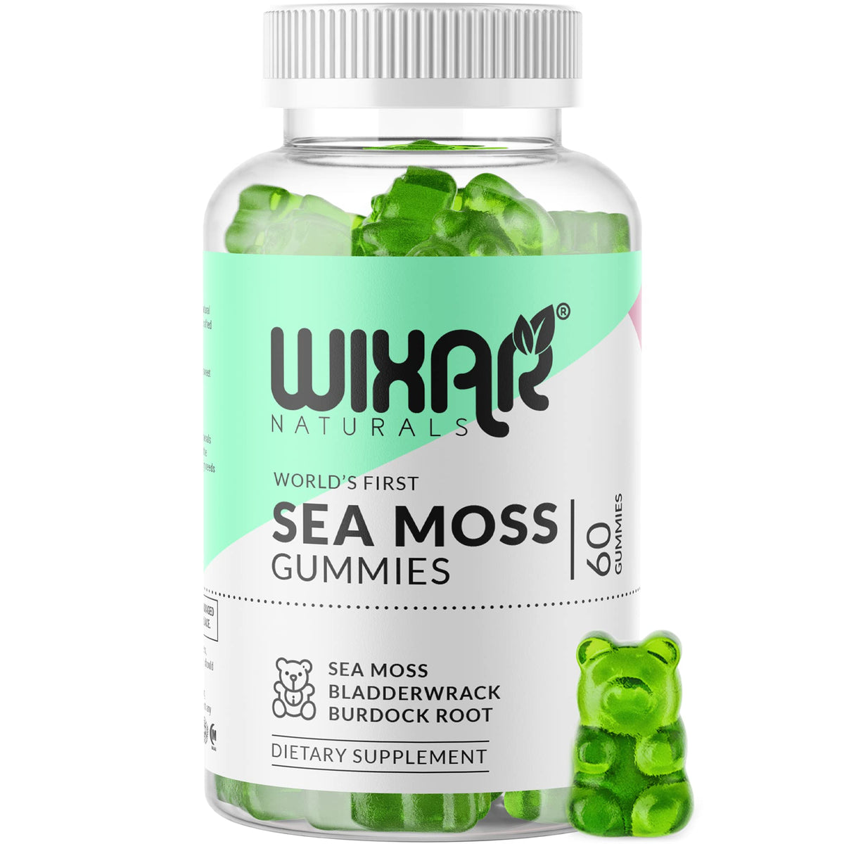 WIXAR NATURALS Sea Moss Gummies bottle front; vegan wellness for daily support