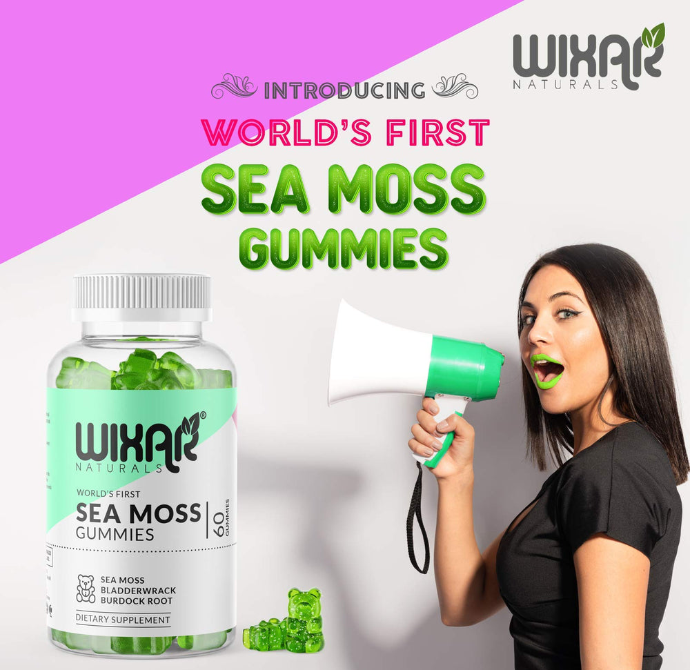 Label closeup of WIXAR NATURALS Sea Moss Gummies shows pure ingredients