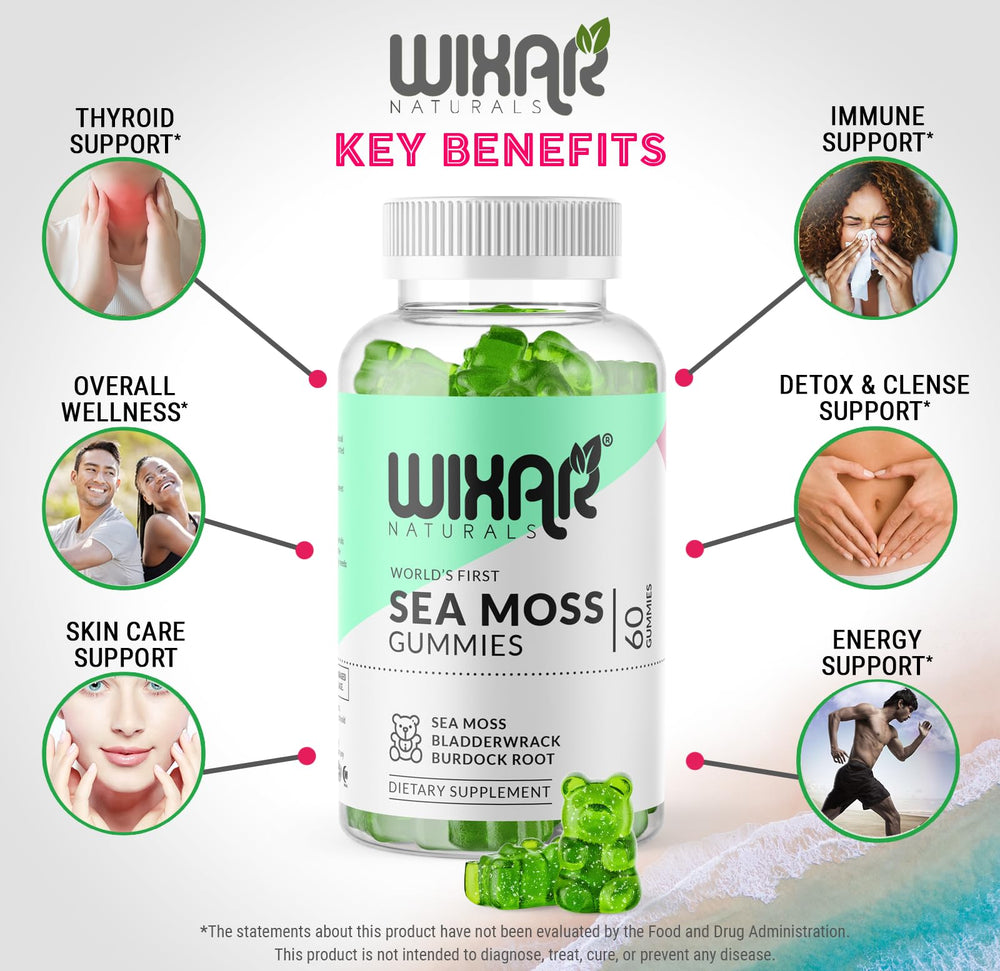 Pile of WIXAR NATURALS Sea Moss Gummies suggests convenient daily wellness