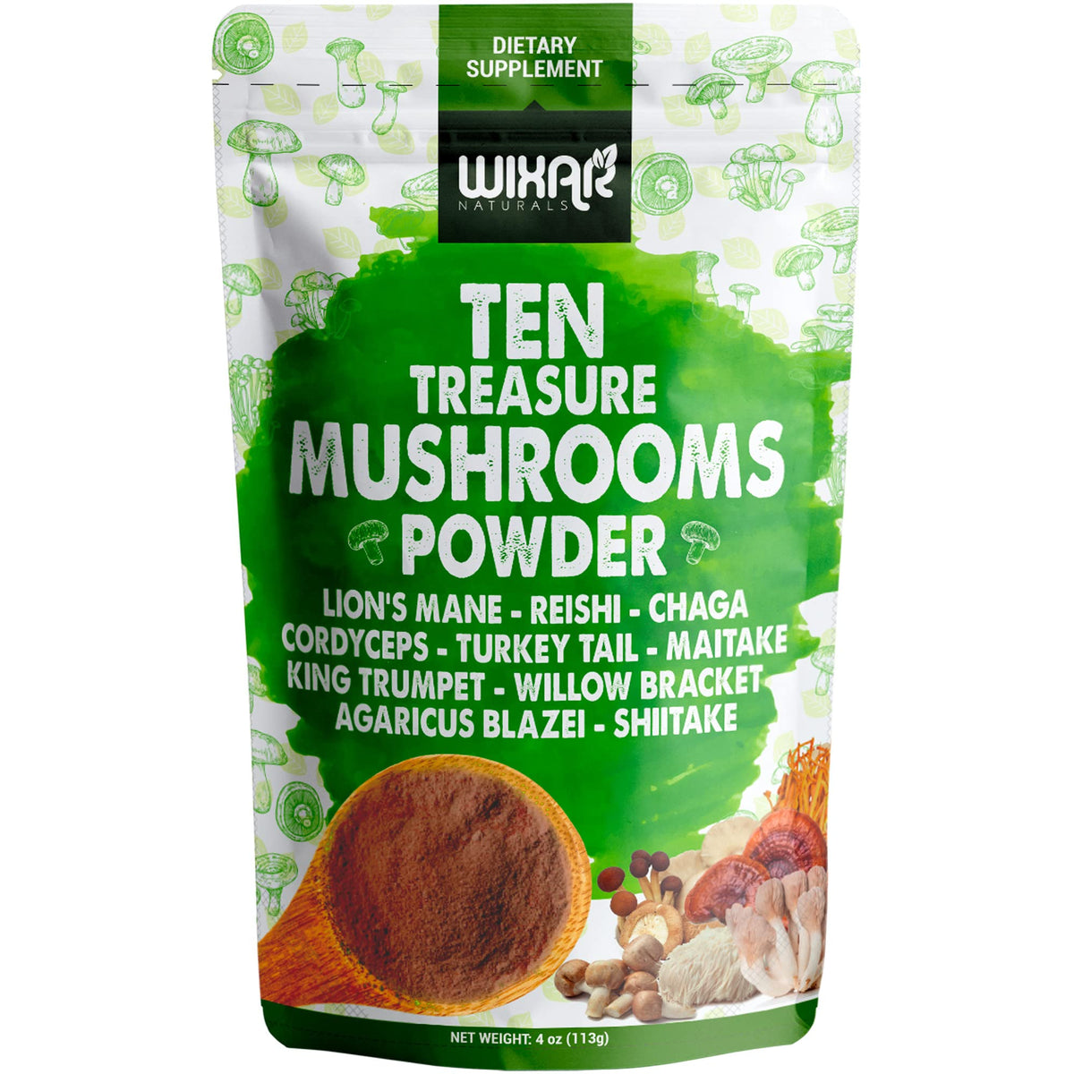 Wixar Naturals Ten Treasure Mushrooms Powder beside coffee for focused mornings
