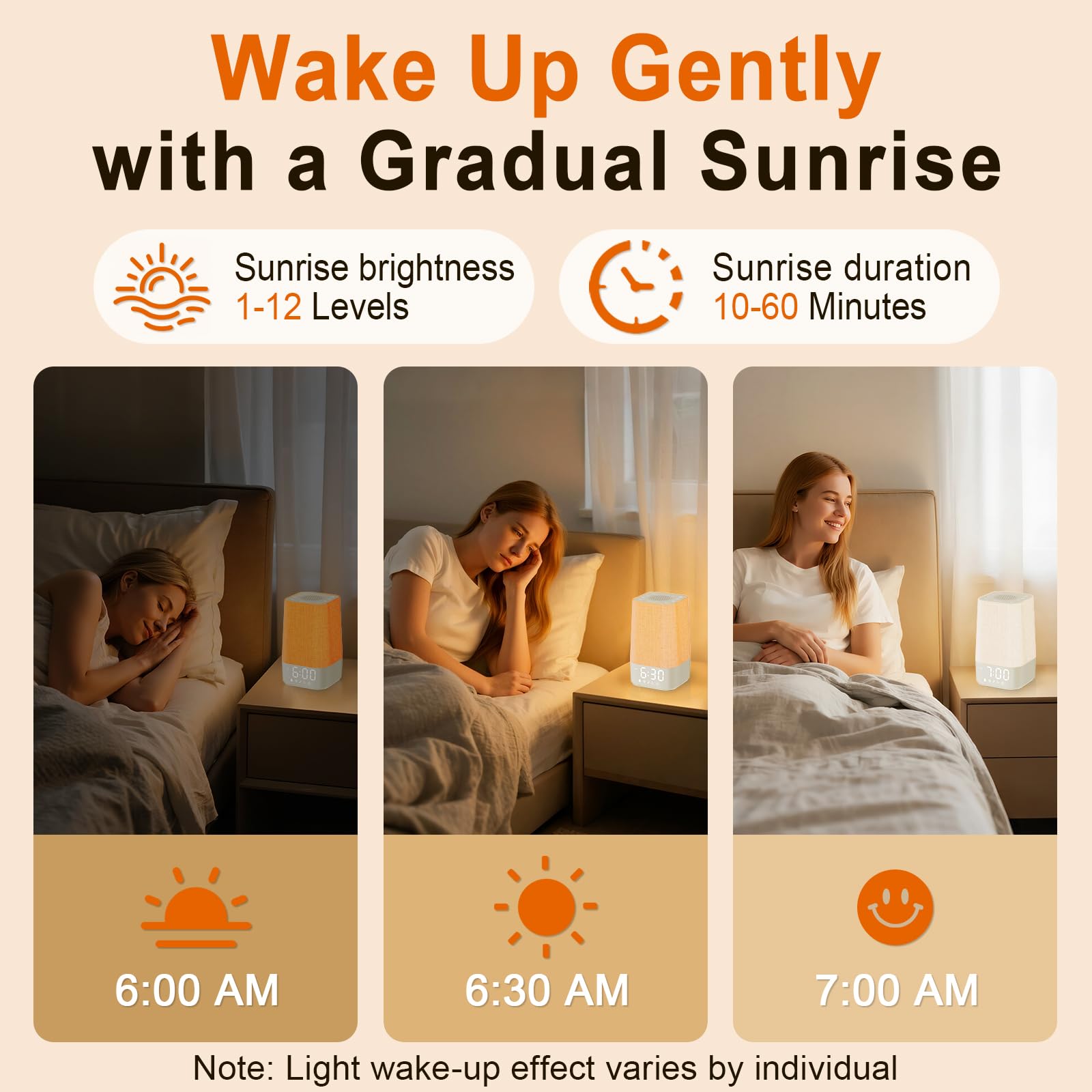 Wkzay sunrise alarm clock showing gradual brightness for gentle wake