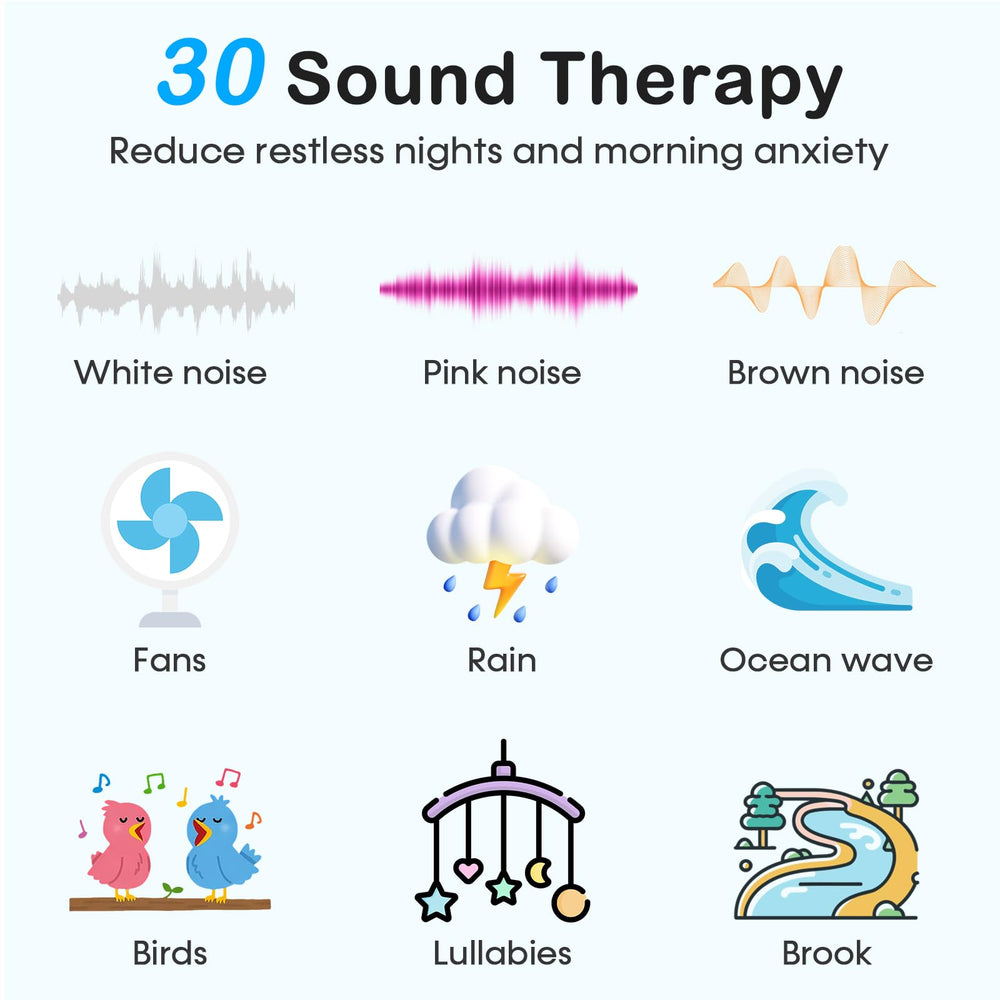 Wkzay device top-angle shows 30-sound library for customizable ambience.