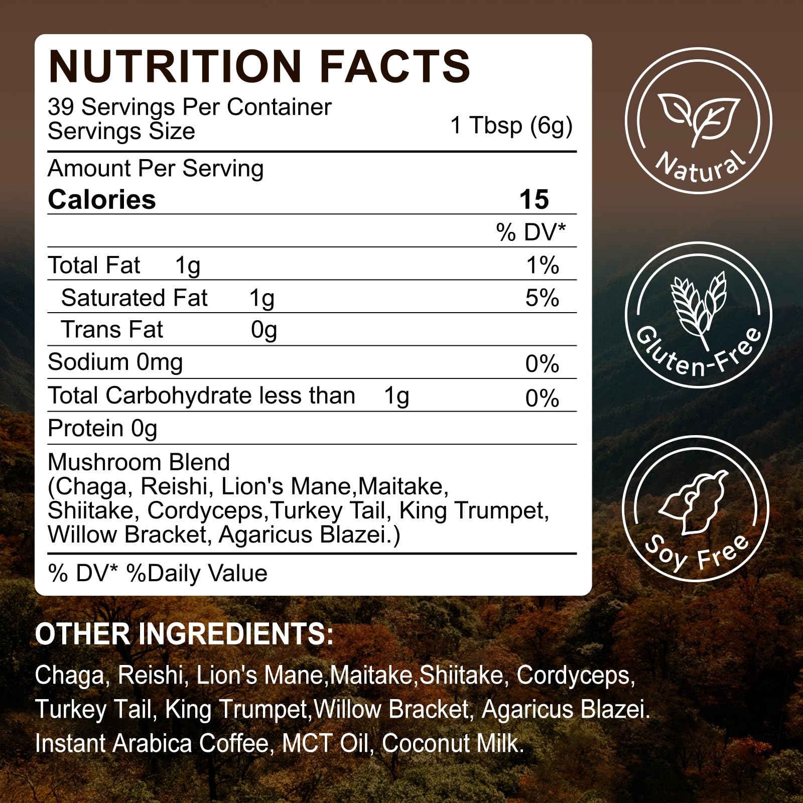 WLCTJIAYOU Mushroom Coffee label highlights 10-mushroom blend and organic ingredients.