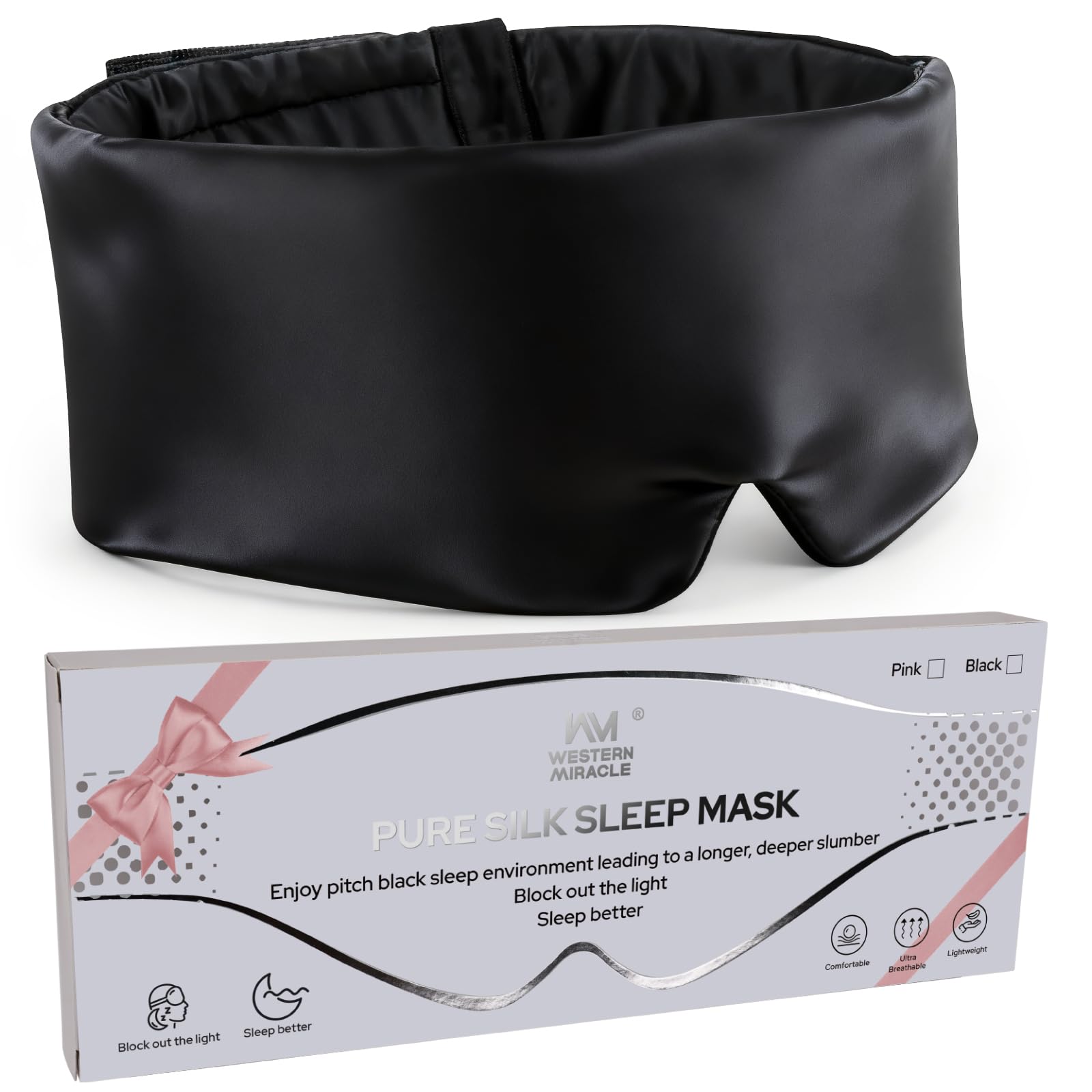 WM Western Miracle Silk Sleep Mask breathable mulberry silk minimizes eye friction during sleep.