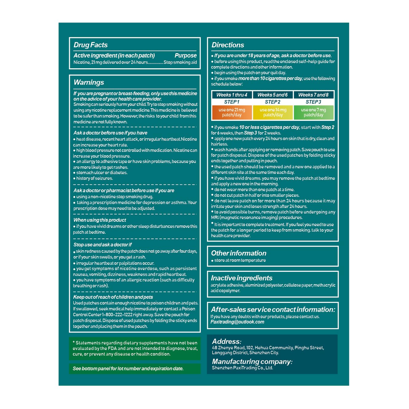 Close-up of WOFANLI Step 1 patch packet highlighting 21 mg daily nicotine release.