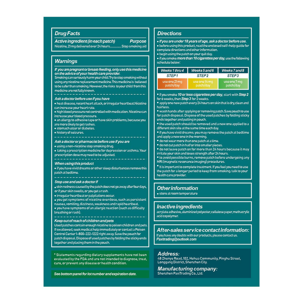 Close-up of WOFANLI Step 1 patch packet highlighting 21 mg daily nicotine release.