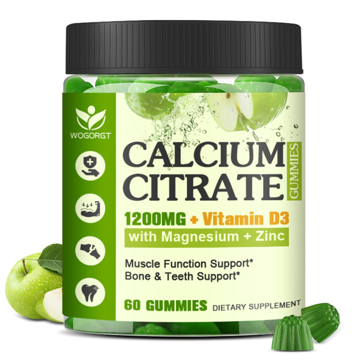 WOGORGT calcium citrate 1200mg apple gummy bottle for bone and teeth support