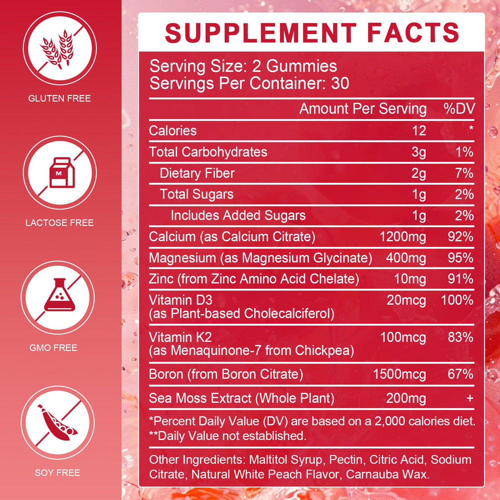 WOGORGT gummies close-up on peach flavor with D3 and K2 for tasty daily micronutrients.