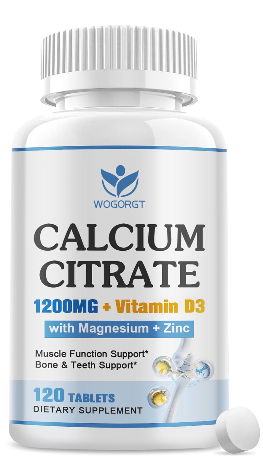 WOGORGT Calcium Citrate 1200mg tablets in bottle for daily bone and teeth support.