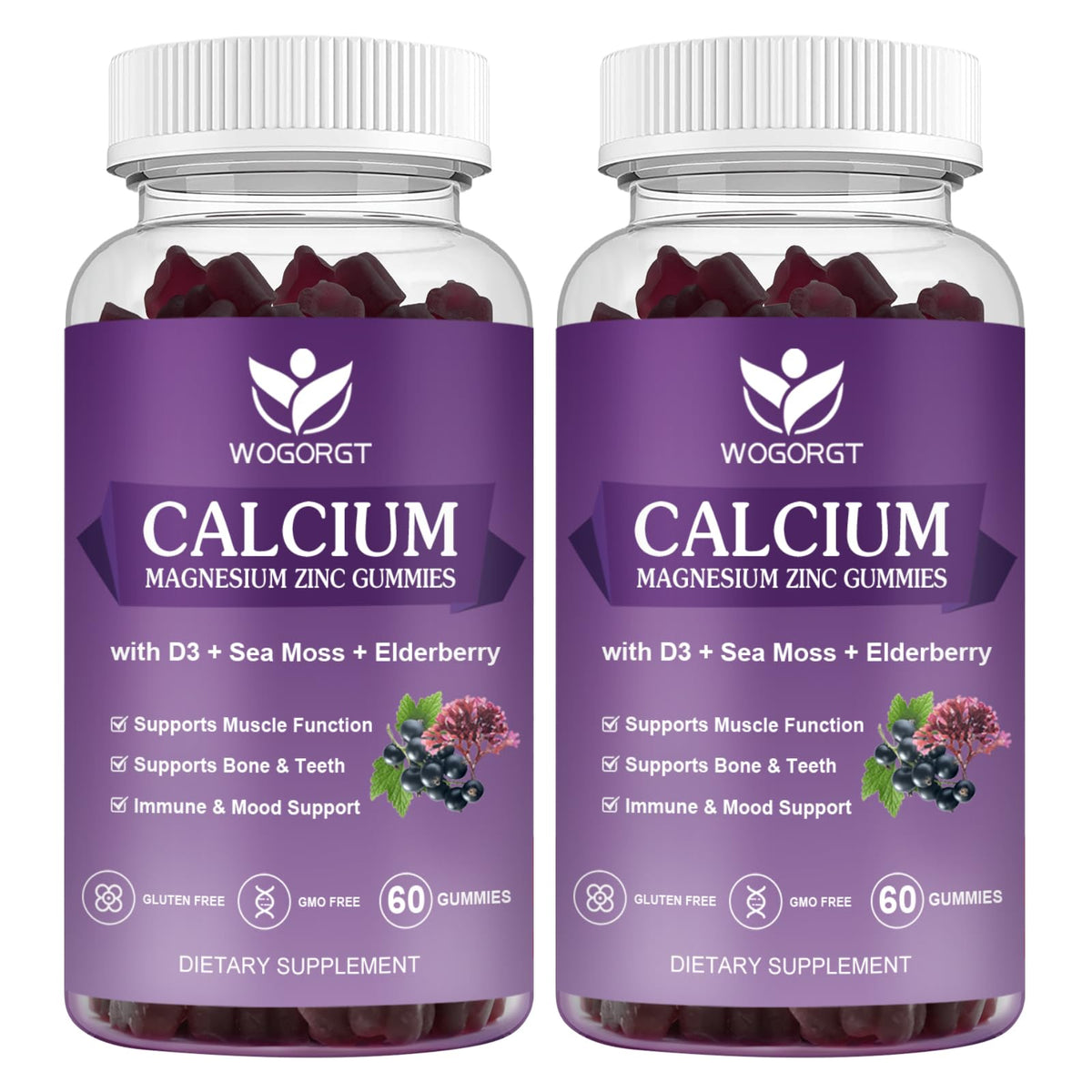 WOGORGT Calcium Magnesium Zinc Gummies bottle highlights bone-supporting minerals for daily wellness.