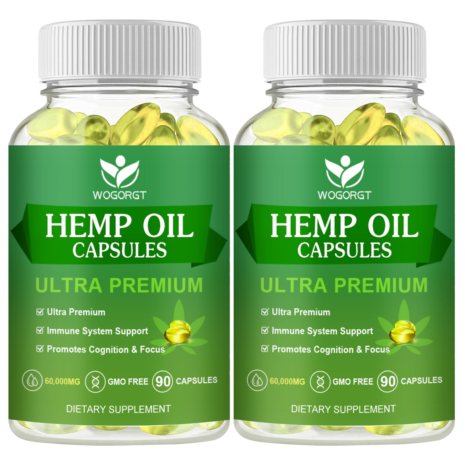 WOGORGT hemp oil capsules pack front view for immune support and daily calm.