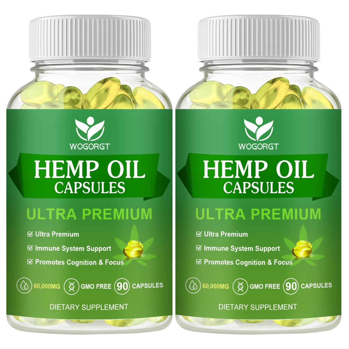 WOGORGT hemp oil capsules pack front view for immune support and daily calm.