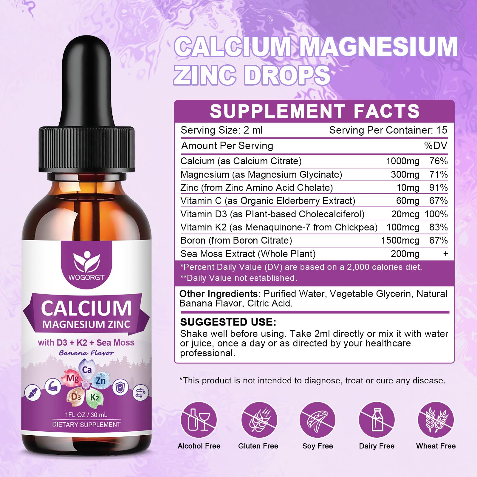 WOGORGT liquid drops bottle with banana flavor emphasizes easy dosing.