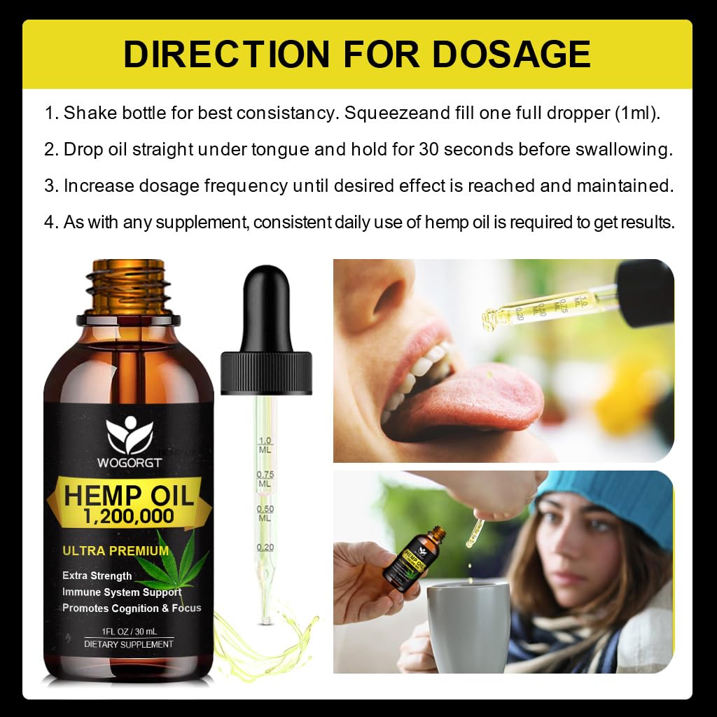 WOGORGT Hemp Oil visuals suggest immune-supporting lifestyle benefits.