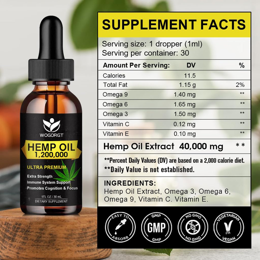 WOGORGT Organic Hemp Oil 2-pack bottle close-up highlighting purity and nutrients.