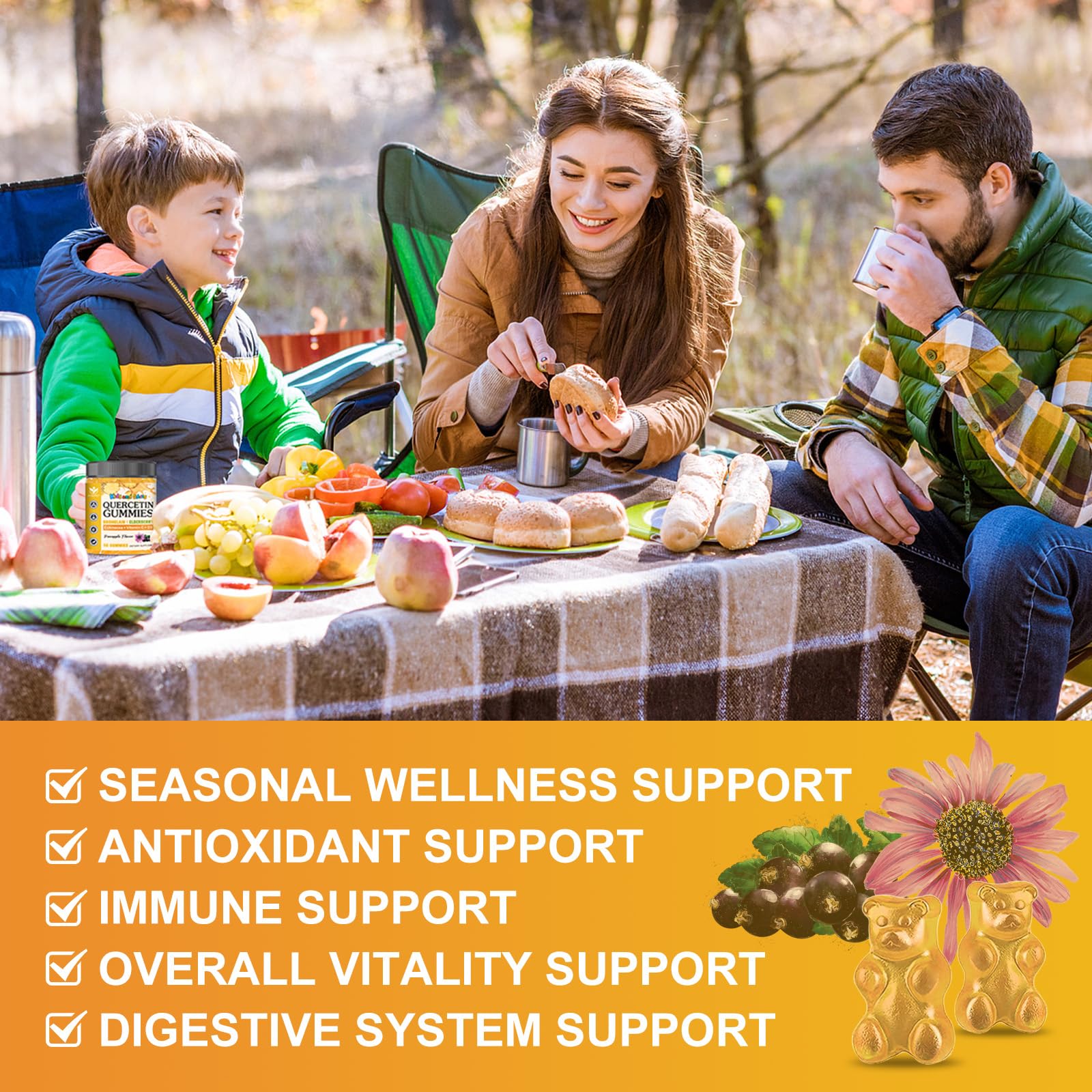 WOGORGT Quercetin Gummies ingredients label highlights zinc and vitamin C support.