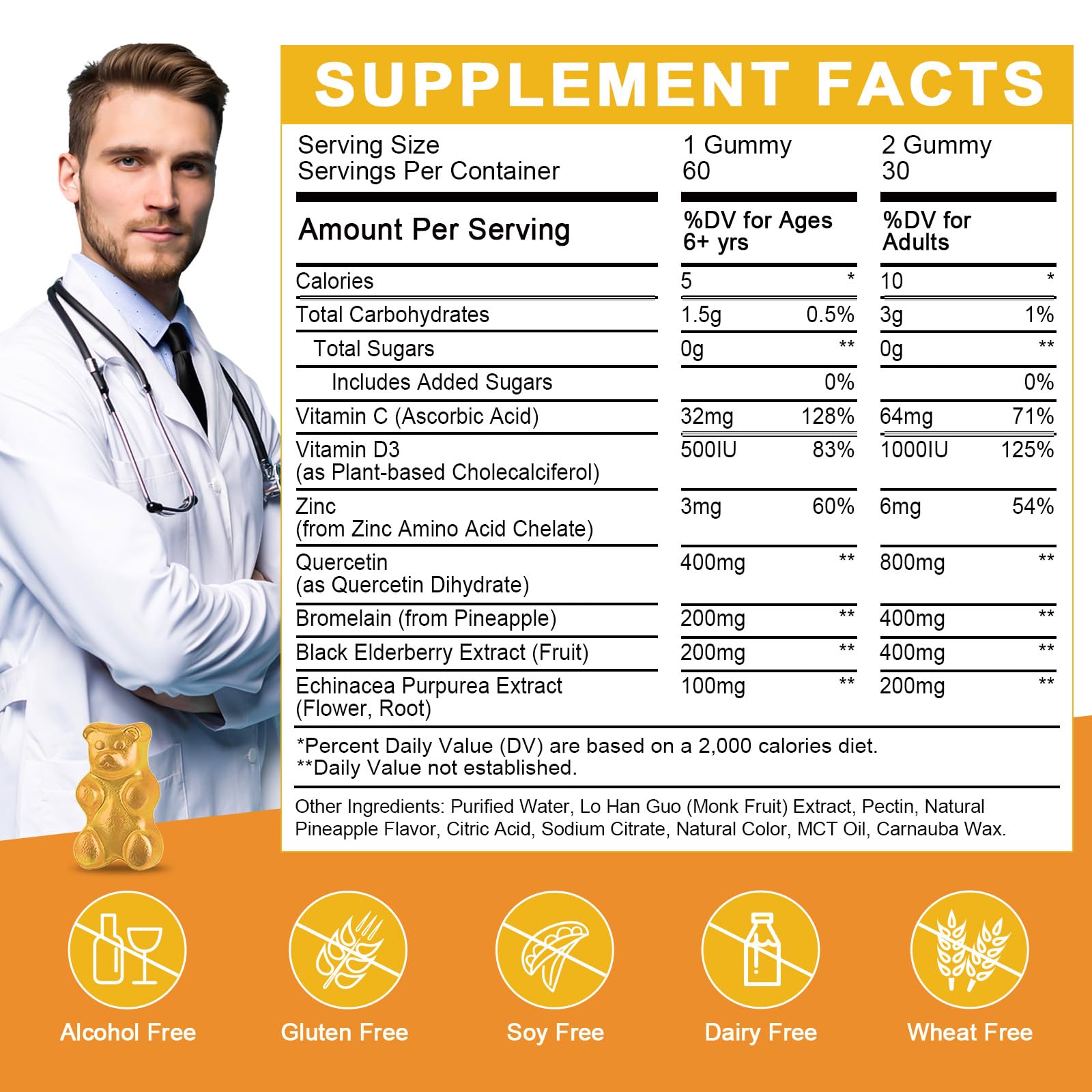 WOGORGT Quercetin Gummies pineapple flavor close-up invites daily use.