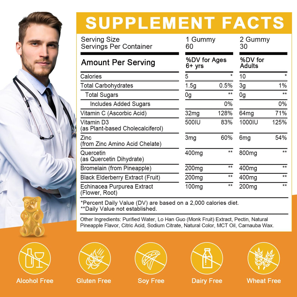 WOGORGT Quercetin Gummies pineapple flavor close-up invites daily use.