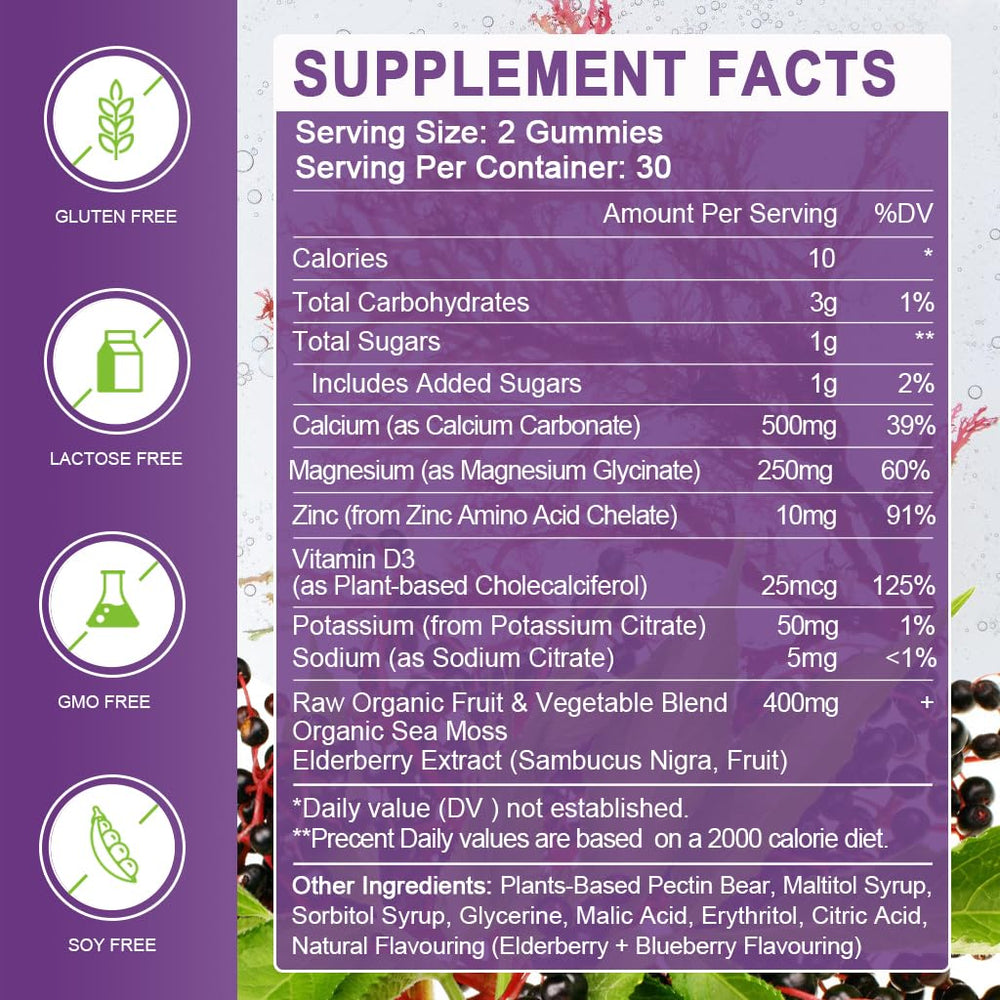 WOGORGT Sea Moss Elderberry Gummies closeup emphasizes immune-supporting minerals and natural vitamins.