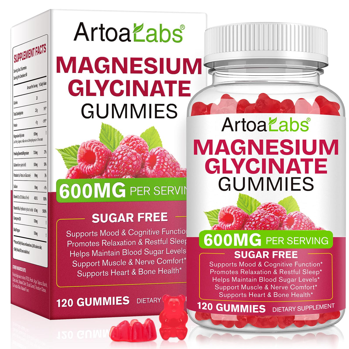 WOJBALMN Magnesium Glycinate Gummies jar showing raspberry flavor for gentle daily support.