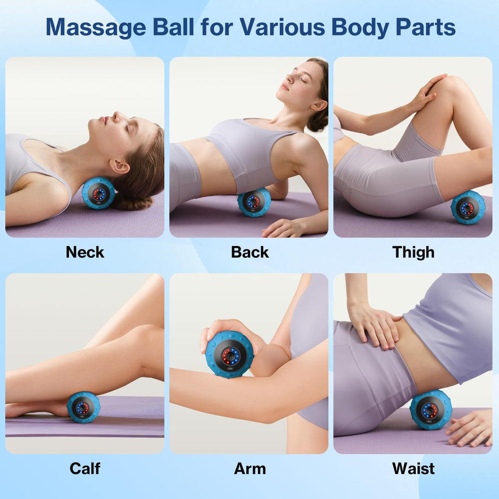 Deep tissue massage ball reaches tight muscles for potential relief.