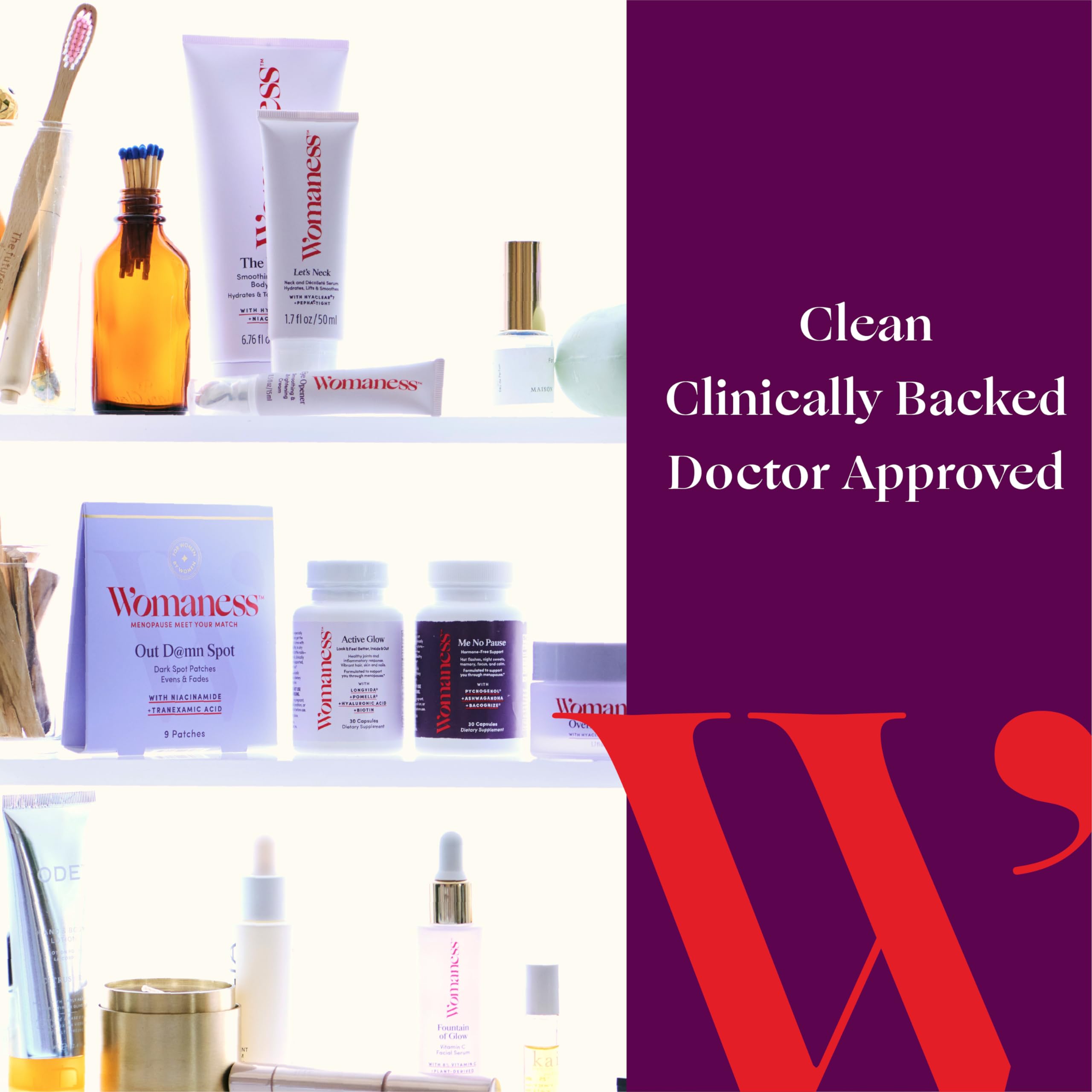 Product lineup featuring Womaness Active Glow bottles and capsules.