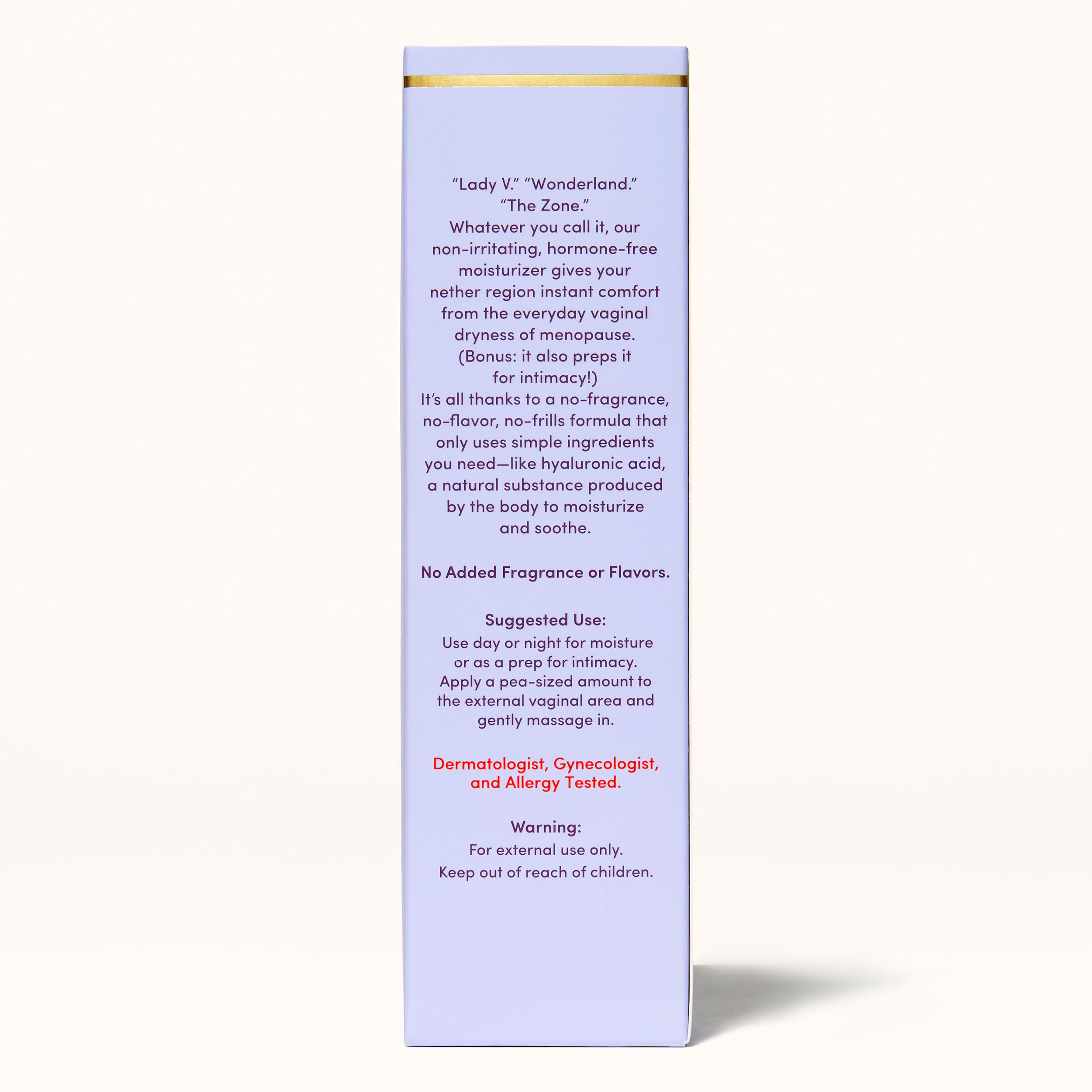Hyaluronic acid illustration emphasizes moisture retention in Womaness Daily V Soothe.